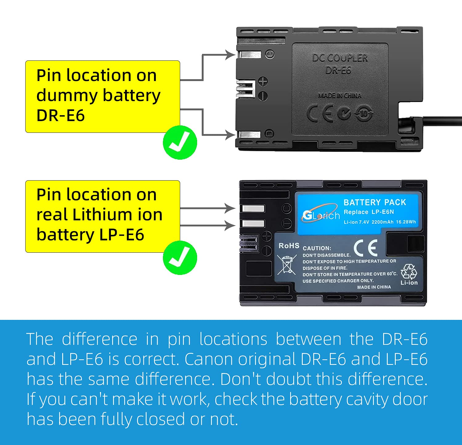 Glorich Dr E6 Dc Coupler Lp E6 Lp E6N Dummy Battery Ack E6 Ac Power Supply Adapter Kit For Cameras Canon Eos R7 R6 R5 R 90D 80D 7D Mark Ii 7D 70D 6D 60D 5D Mark Iv 5Ds, With Fully Decoded Smart Chip